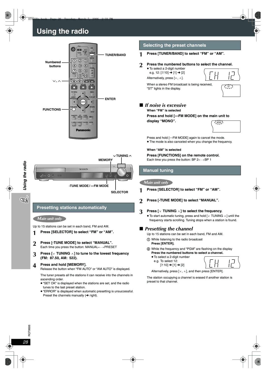 Panasonic SC-HT855 manual Using the radio, If noise is excessive, Presetting the channel 