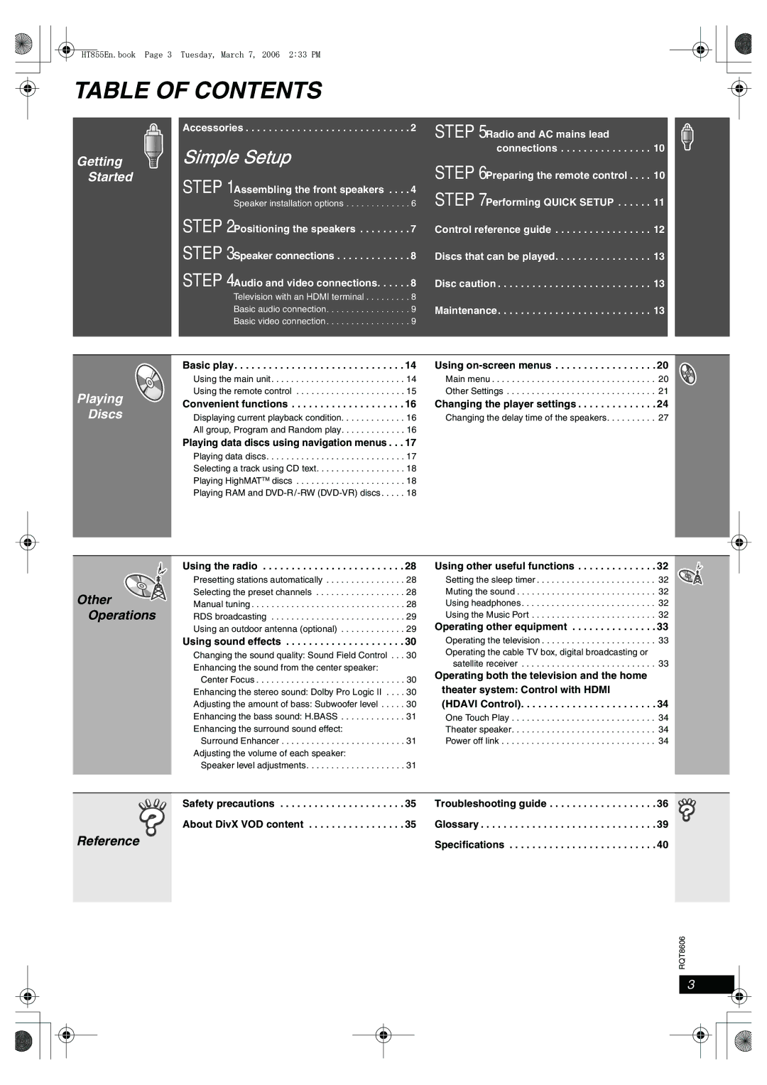 Panasonic SC-HT855 manual Table of Contents 