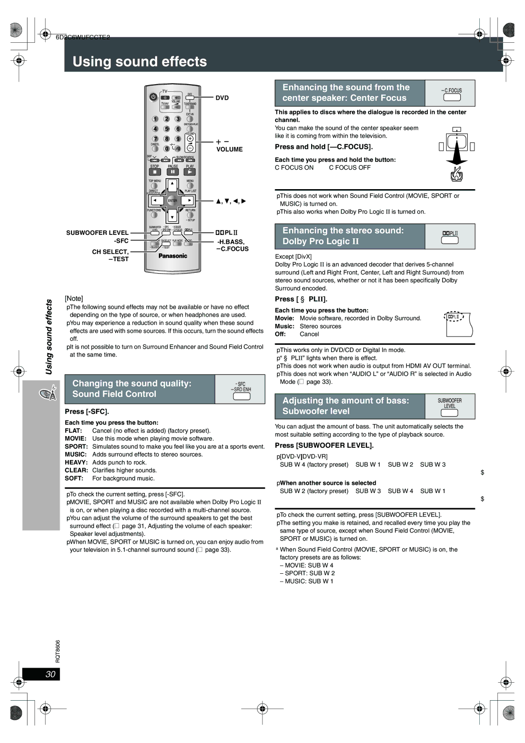 Panasonic SC-HT855 manual Using sound effects, Changing the sound quality, Sound Field Control 