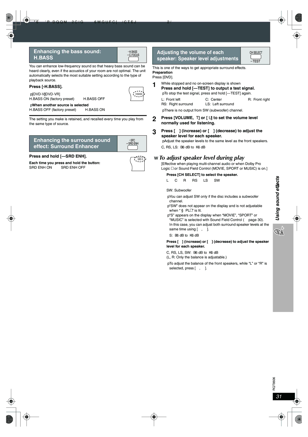 Panasonic SC-HT855 manual To adjust speaker level during play, Enhancing the bass sound 