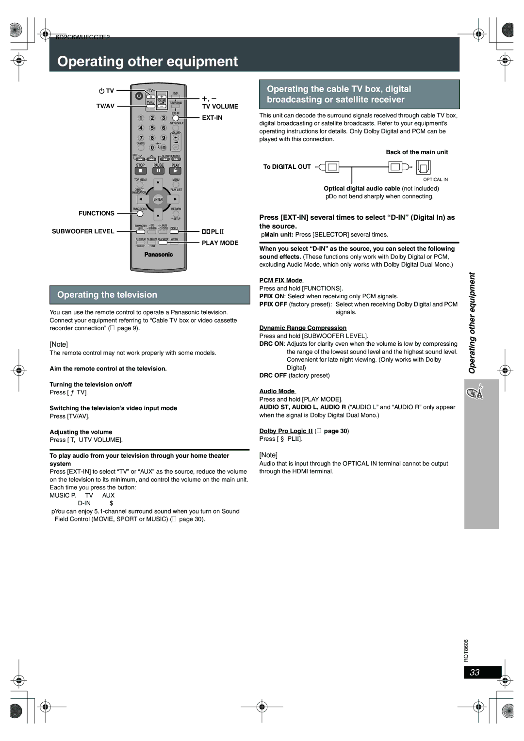 Panasonic SC-HT855 manual Operating other equipment, Operating the television, TV/AV TV Volume EXT-IN 