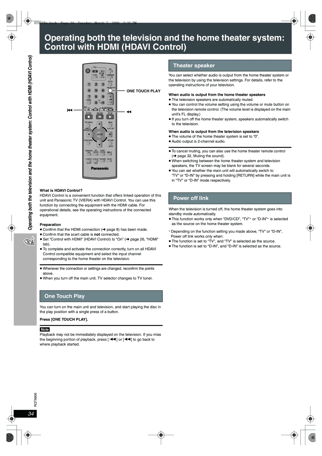 Panasonic SC-HT855 manual Theater speaker, One Touch Play, Power off link, ONE Touch Play 