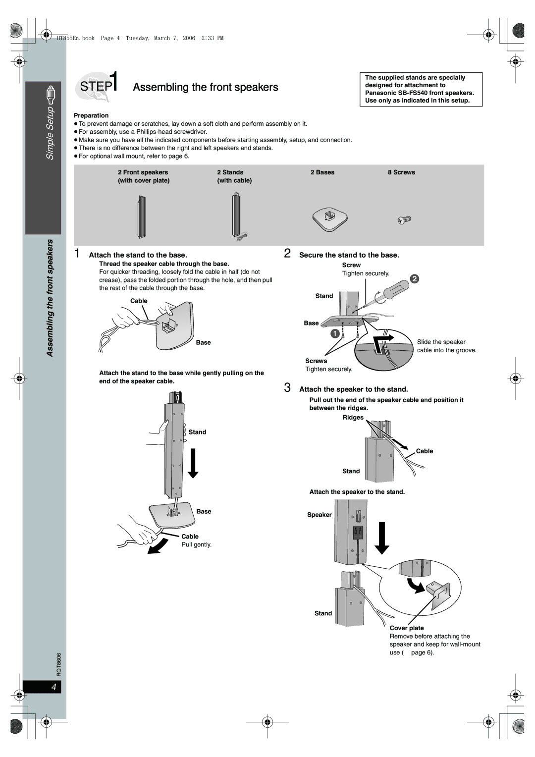 Panasonic SC-HT855 manual Preparation, Attach the speaker to the stand Base Speaker Cable, Stand Cover plate 