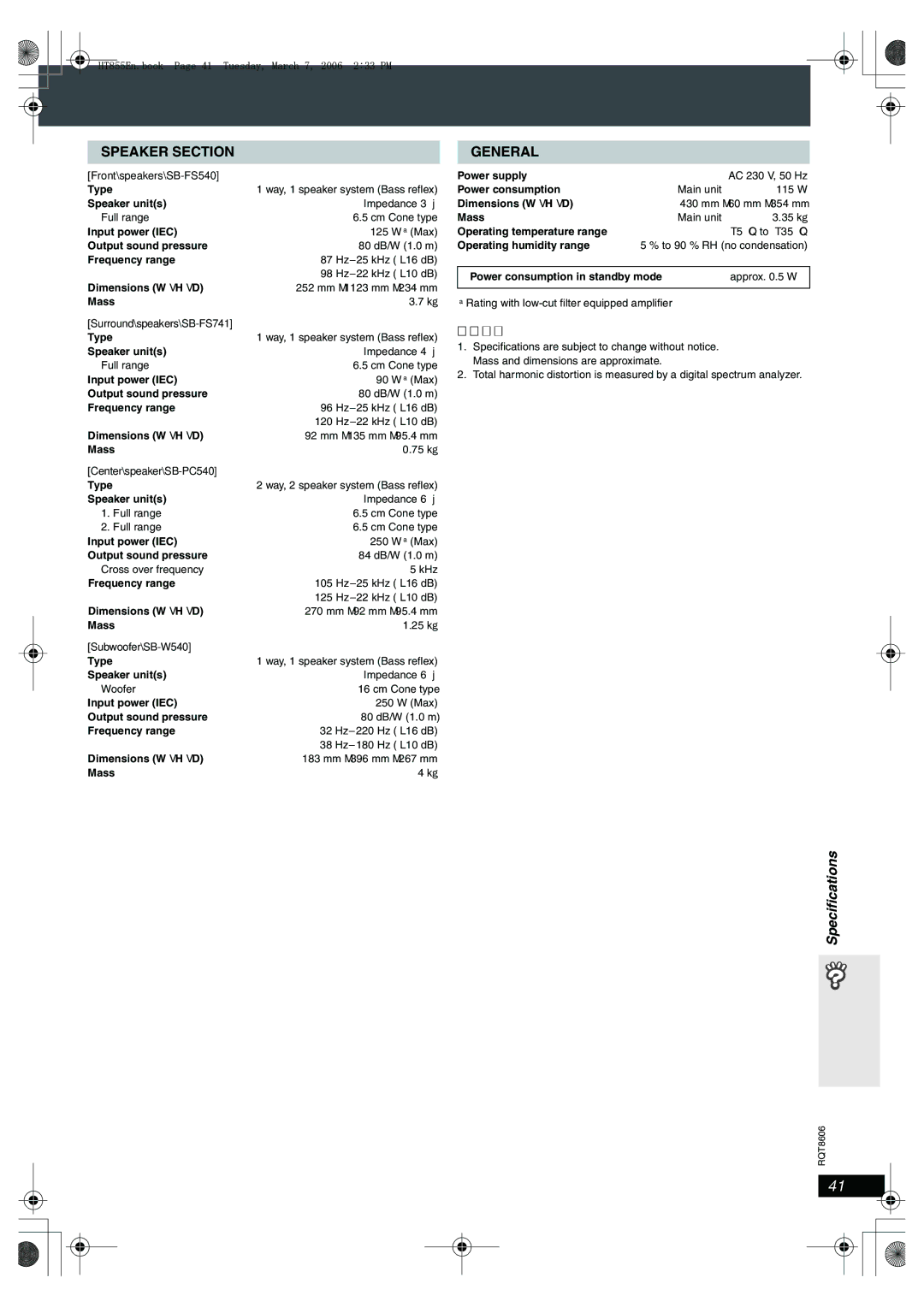 Panasonic SC-HT855 Type, Speaker units, Input power IEC, Output sound pressure, Frequency range, Dimensions WtHtD, Mass 