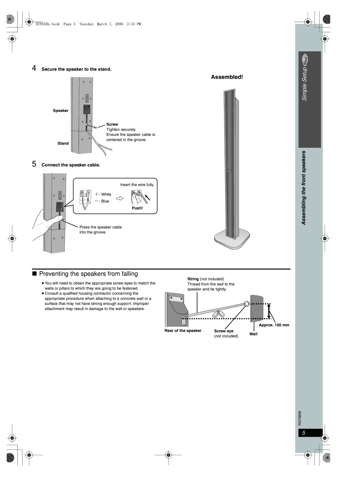 Panasonic SC-HT855 Preventing the speakers from falling, Assembling the front speakers, Secure the speaker to the stand 