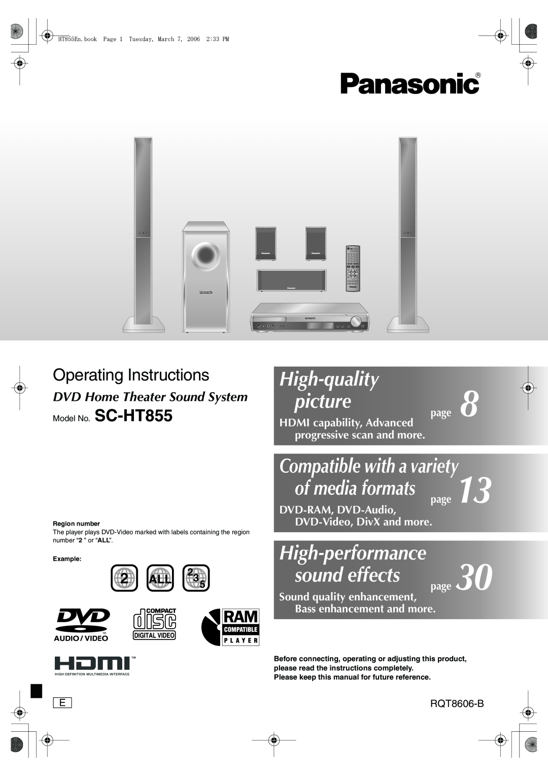 Panasonic SC-HT855 manual DVD Home Theater Sound System, High-quality picture, Compatible with a variety, of media formats 