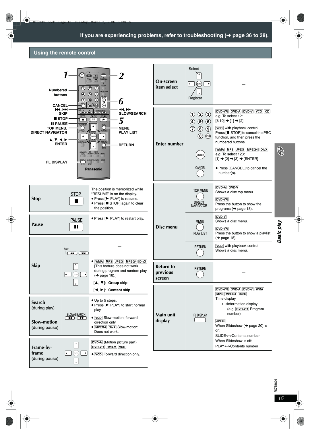 Panasonic SC-HT855 manual Using the remote control, play 