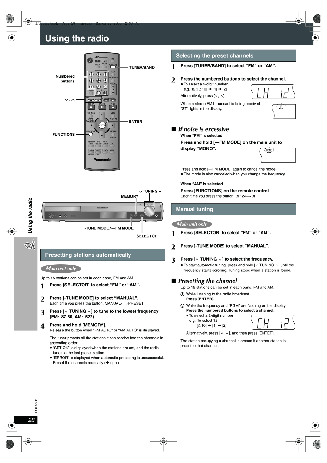 Panasonic SC-HT855 Using the radio, ∫If noise is excessive, ∫Presetting the channel, Presetting stations automatically 