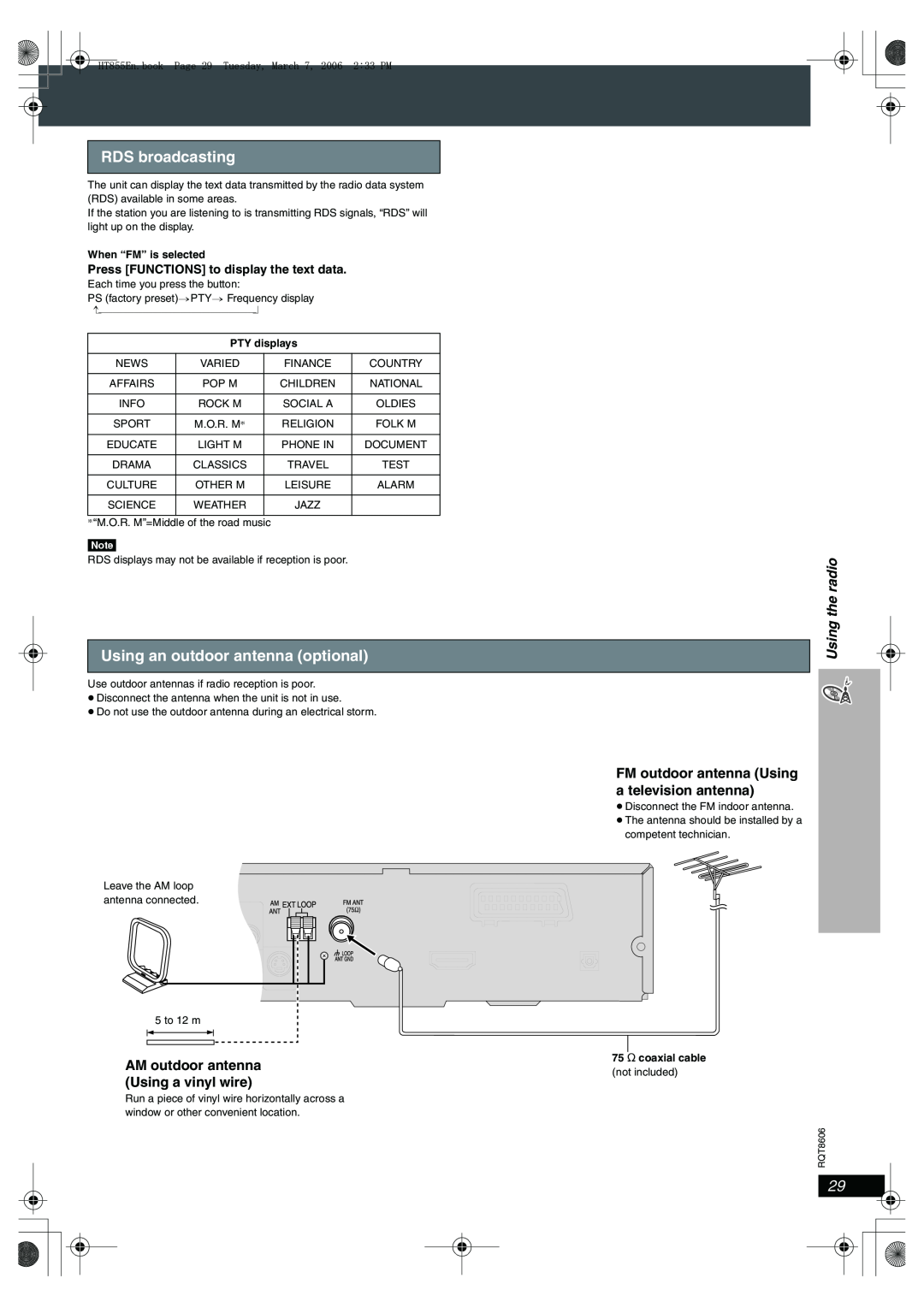 Panasonic SC-HT855 manual RDS broadcasting, Using an outdoor antenna optional, AM outdoor antenna Using a vinyl wire 
