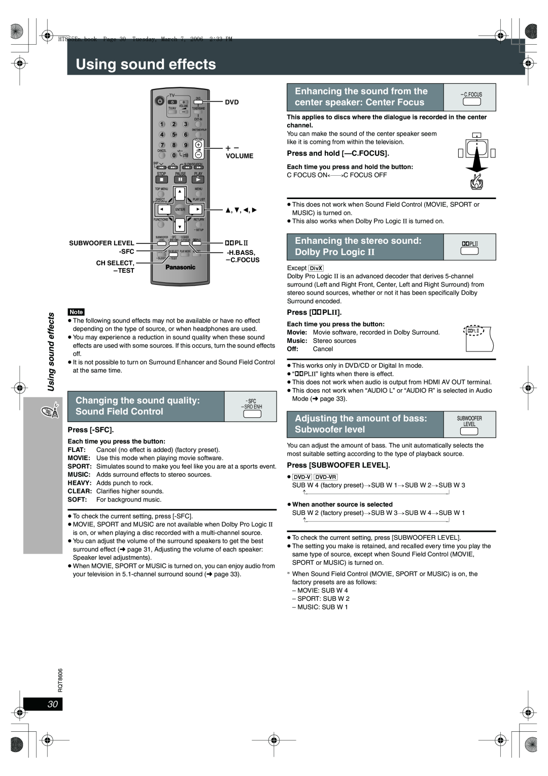 Panasonic SC-HT855 manual Using sound effects, Changing the sound quality, Sound Field Control, Press -SFC, Press ÎPLII 