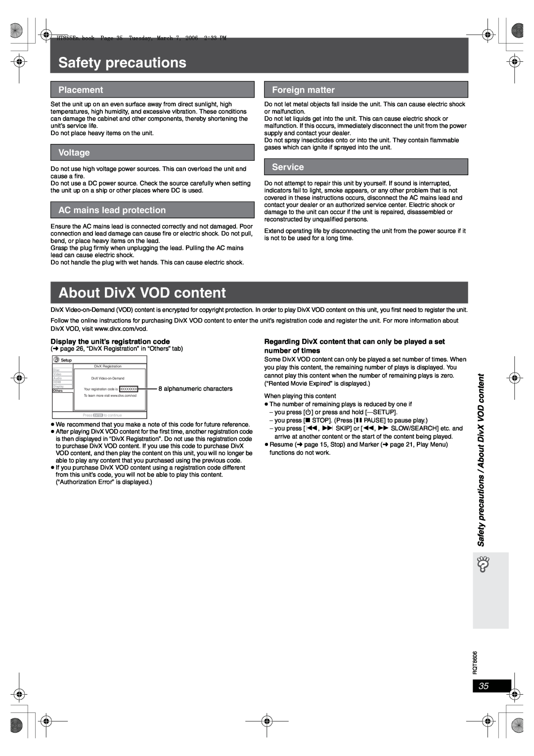 Panasonic SC-HT855 manual Safety precautions, About DivX VOD content, Placement, Voltage, AC mains lead protection, Service 