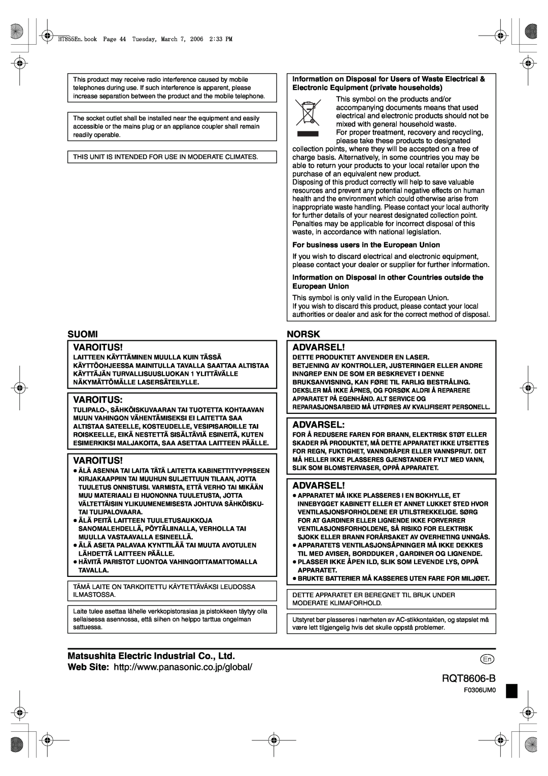 Panasonic SC-HT855 manual Suomi Varoitus, Norsk Advarsel, Matsushita Electric Industrial Co., Ltd, RQT8606-B 