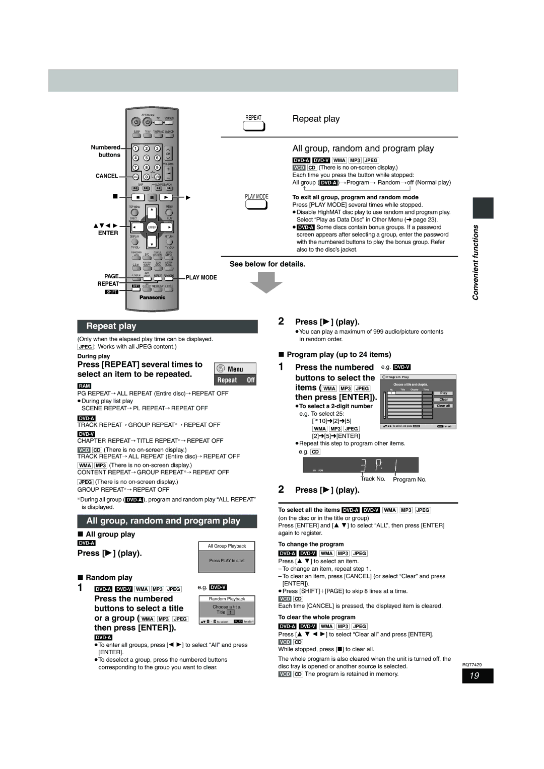 Panasonic SC-HT870, SC-HT878, SC-HT520 specifications Repeat play, All group, random and program play 