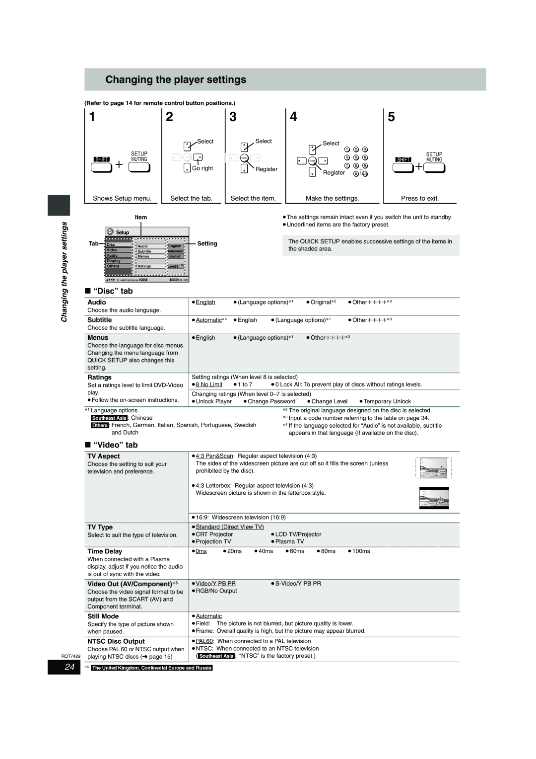 Panasonic SC-HT878, SC-HT870, SC-HT520 specifications Changing the player settings, Disc tab, Video tab, Player settings 