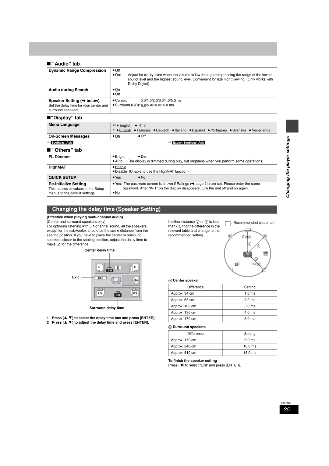 Panasonic SC-HT870, SC-HT878, SC-HT520 Changing the delay time Speaker Setting, Audio tab, Display tab, Others tab 