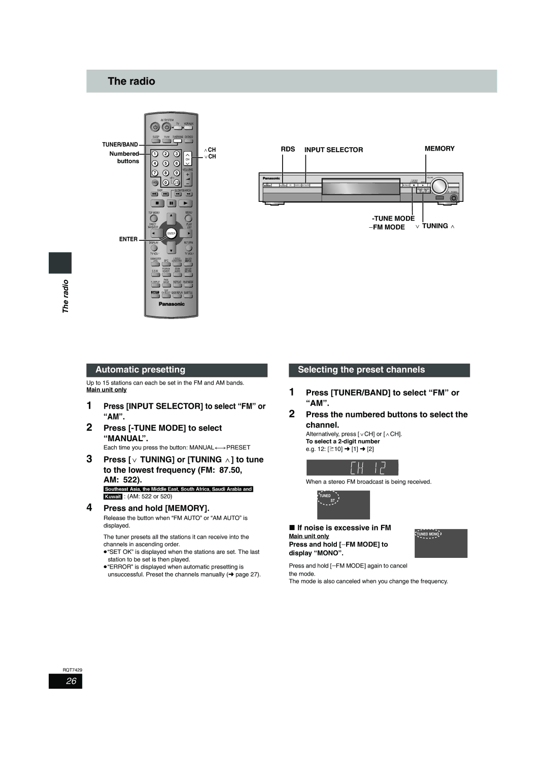 Panasonic SC-HT520, SC-HT878, SC-HT870 Radio, Automatic presetting, Selecting the preset channels, Press and hold Memory 