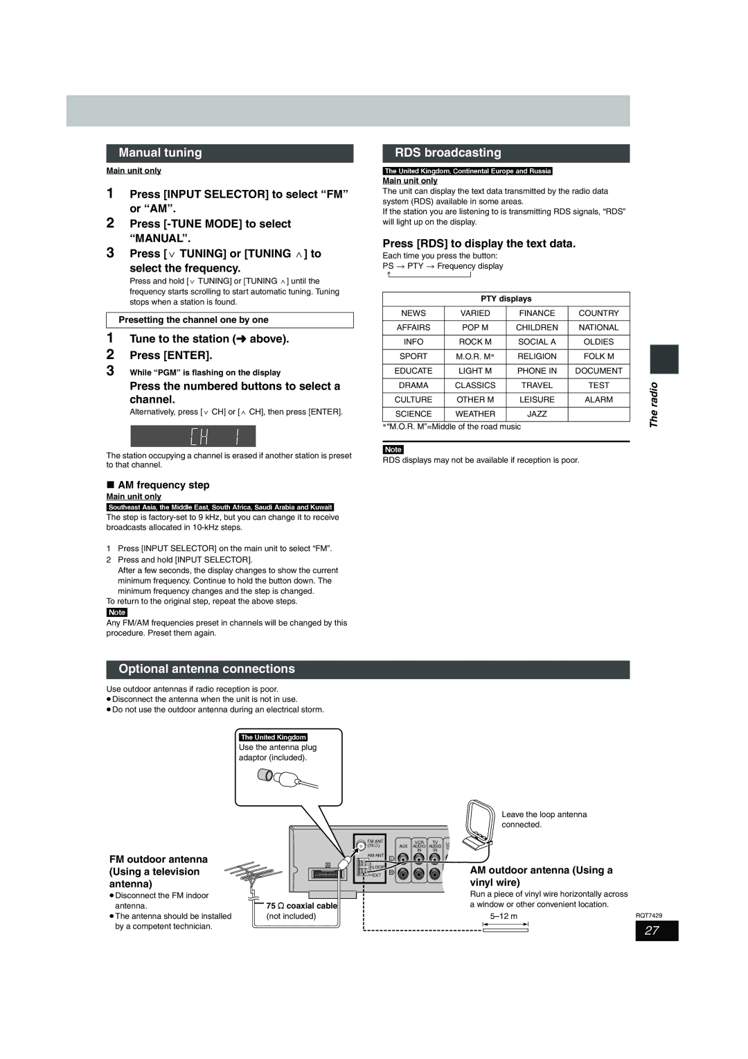 Panasonic SC-HT878 Manual tuning, RDS broadcasting, Optional antenna connections, Press RDS to display the text data 