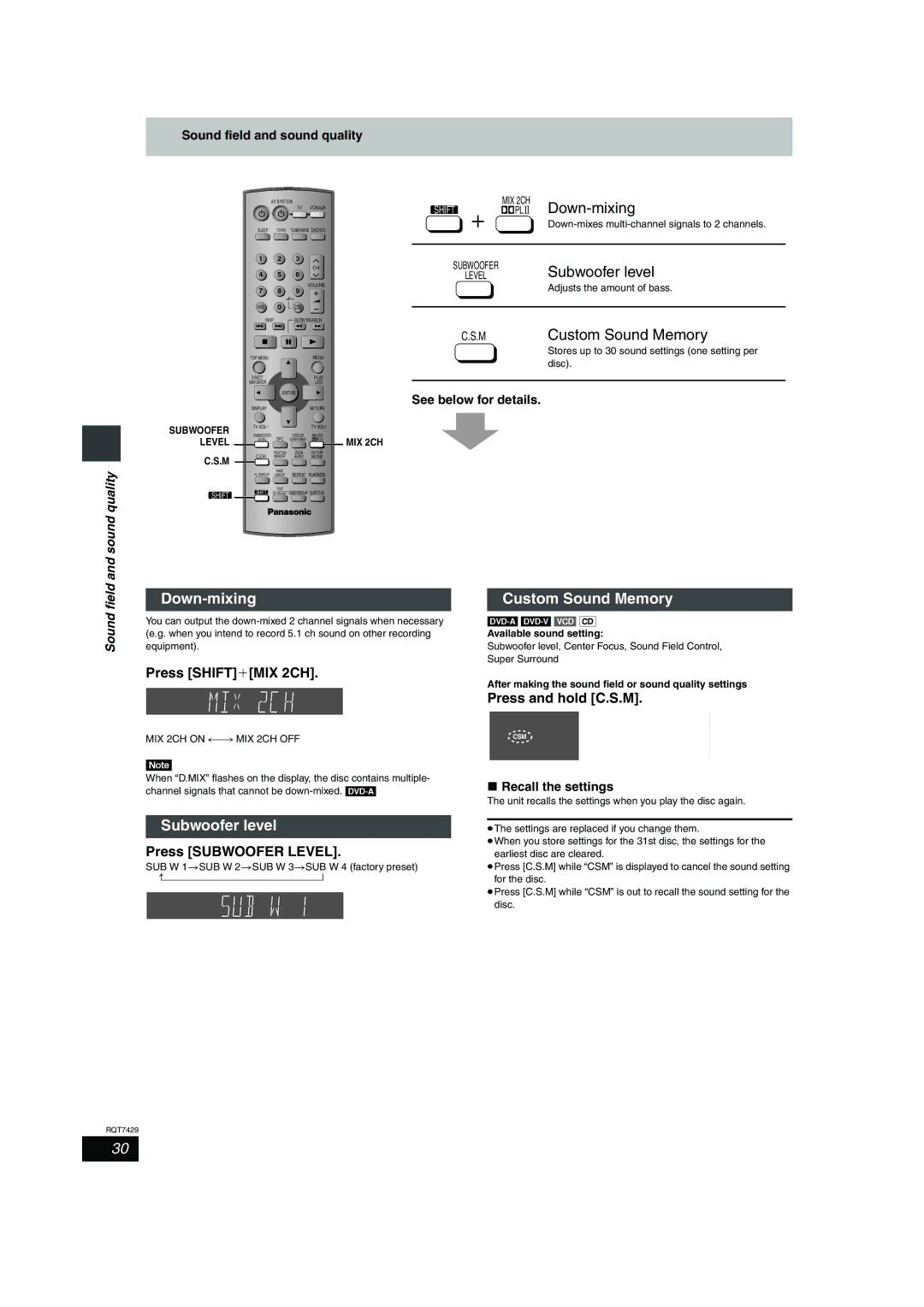 Panasonic SC-HT878, SC-HT870 Down-mixing Custom Sound Memory, Subwoofer level, Press SHIFTiMIX 2CH, Press Subwoofer Level 