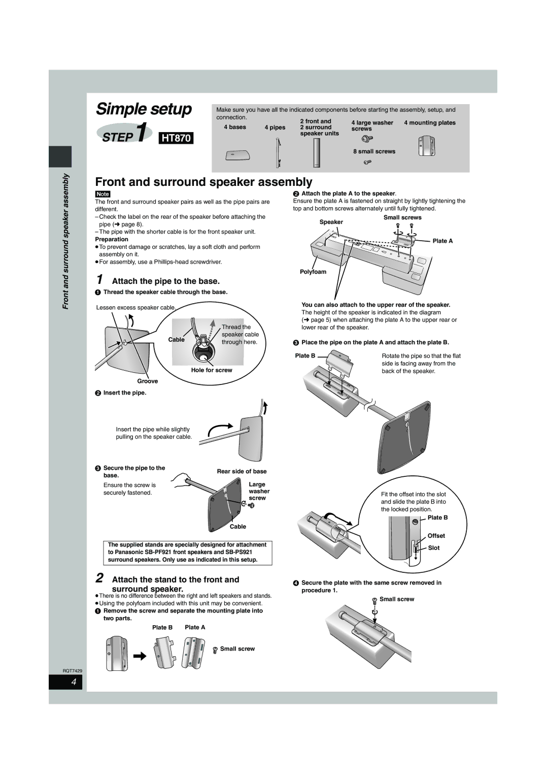 Panasonic SC-HT870, SC-HT878, SC-HT520 specifications Front and surround speaker assembly, Attach the pipe to the base 