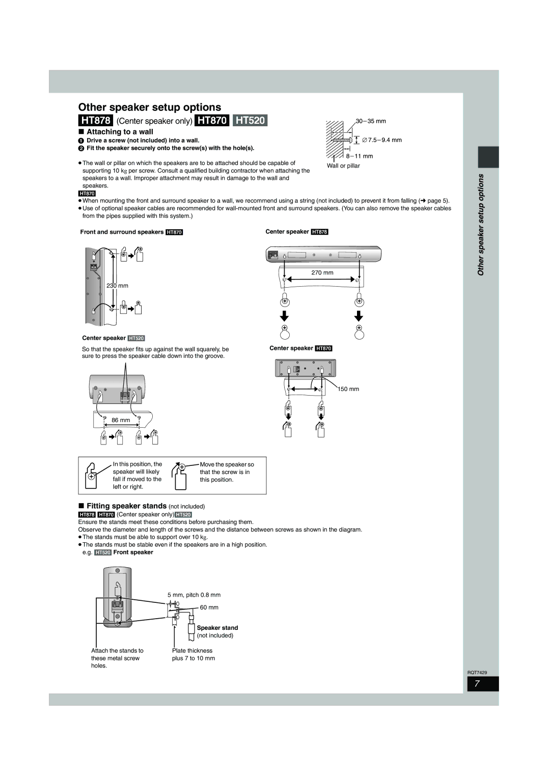 Panasonic SC-HT870 Other speaker setup options, Attaching to a wall, Setup options, Fitting speaker stands not included 