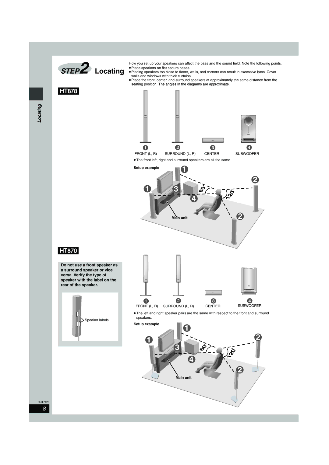 Panasonic SC-HT520, SC-HT878 Locating, ≥Place speakers on flat secure bases, Walls and windows with thick curtains 