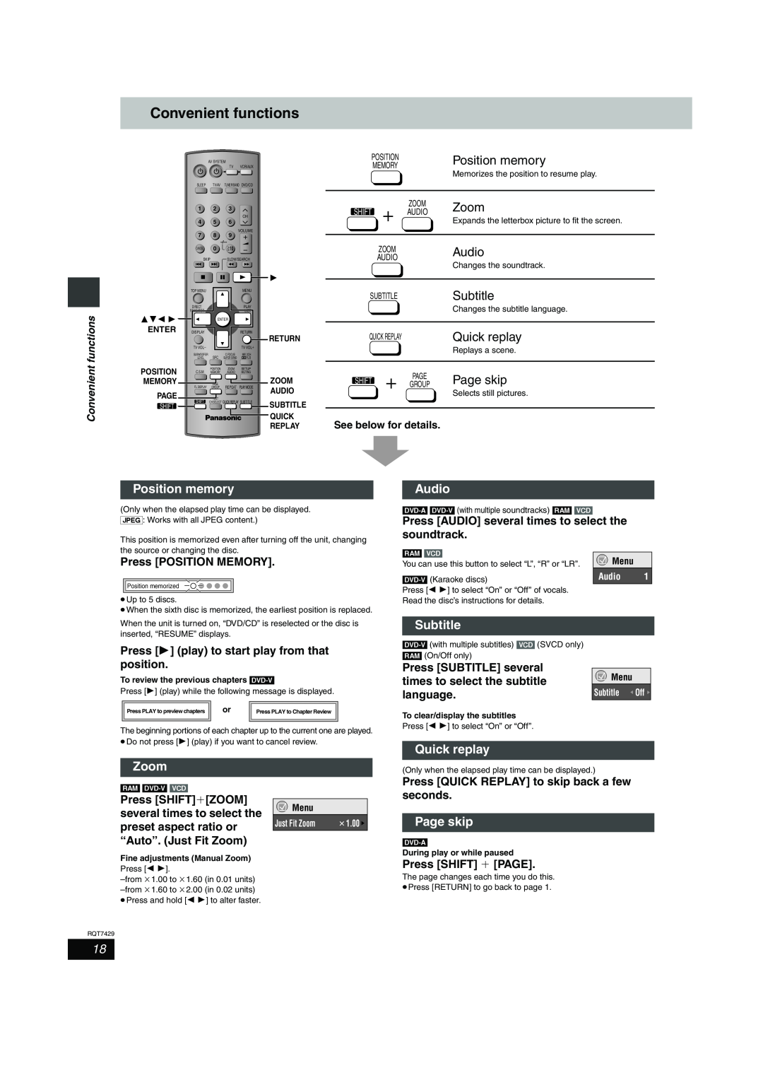 Panasonic SC-HT878 Convenient functions, Position memory, Zoom, Audio, Subtitle, Quick replay, Page skip, seconds, Menu 