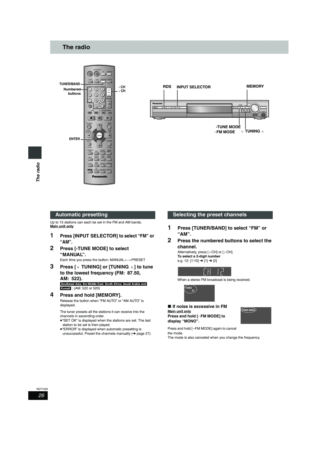 Panasonic SC-HT520 The radio, Automatic presetting, Selecting the preset channels, 2Press -TUNEMODE to select “MANUAL” 