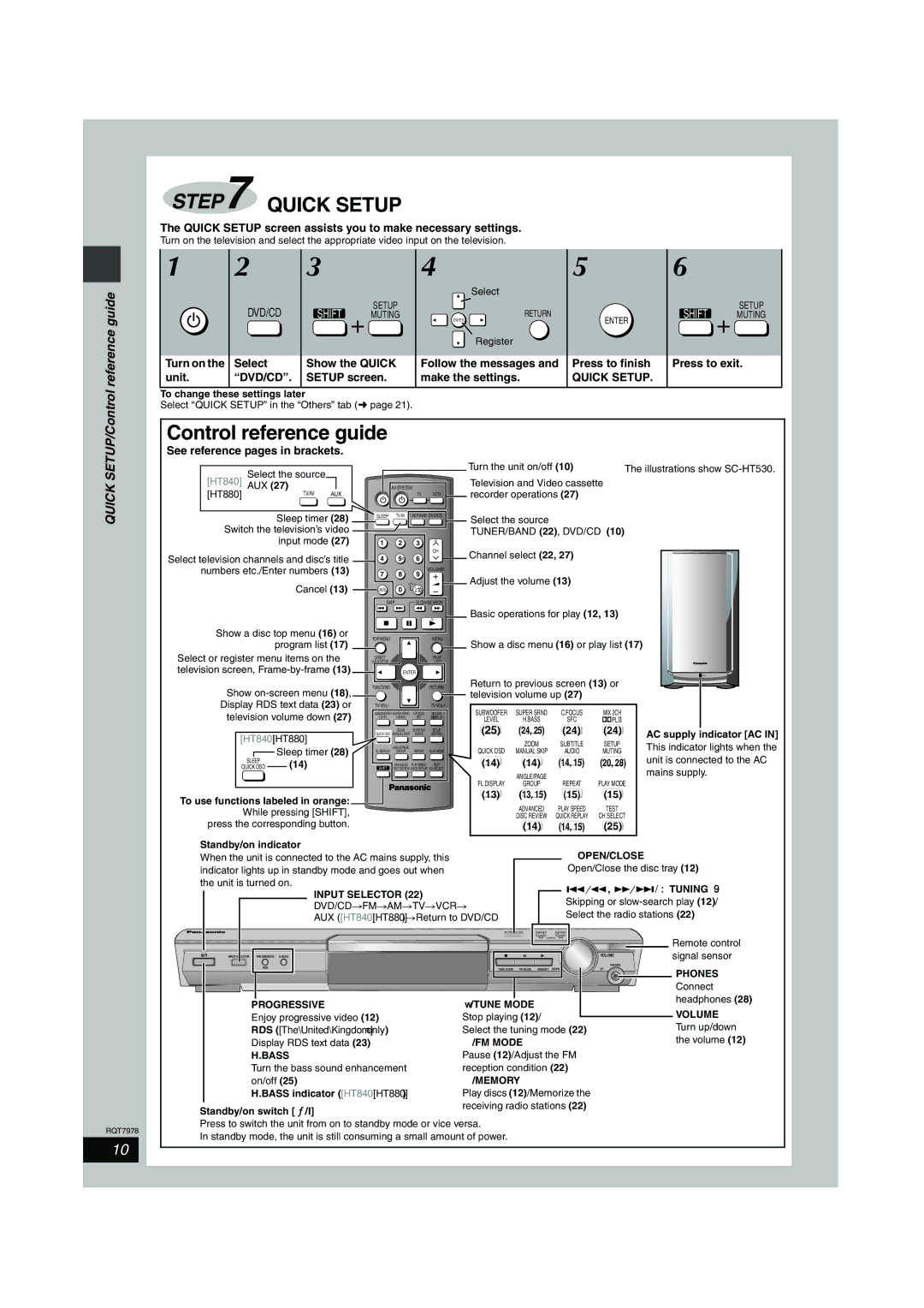 Panasonic SC-HT840, SC-HT880, SC-HT530 manual Reference guide, Quick SETUP/Control 