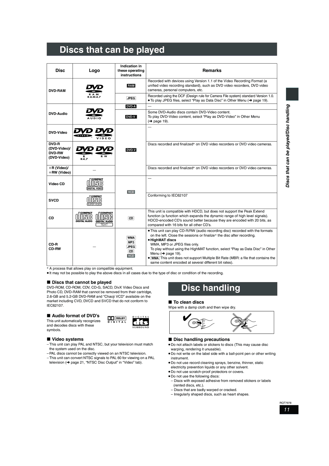 Panasonic SC-HT530, SC-HT880, SC-HT840 manual Discs that can be played/Disc handling 