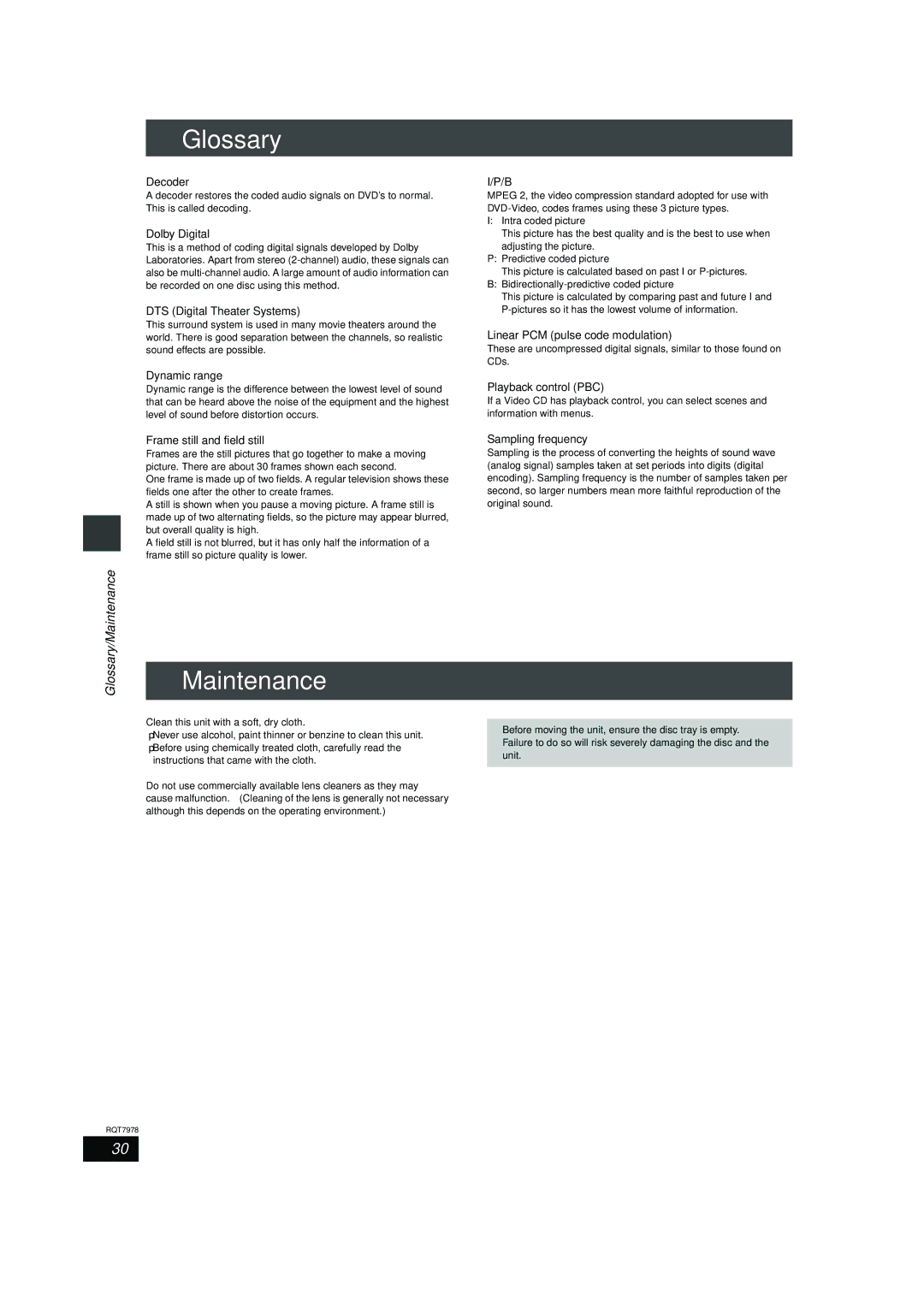 Panasonic SC-HT880, SC-HT840, SC-HT530 manual Glossary/Maintenance 