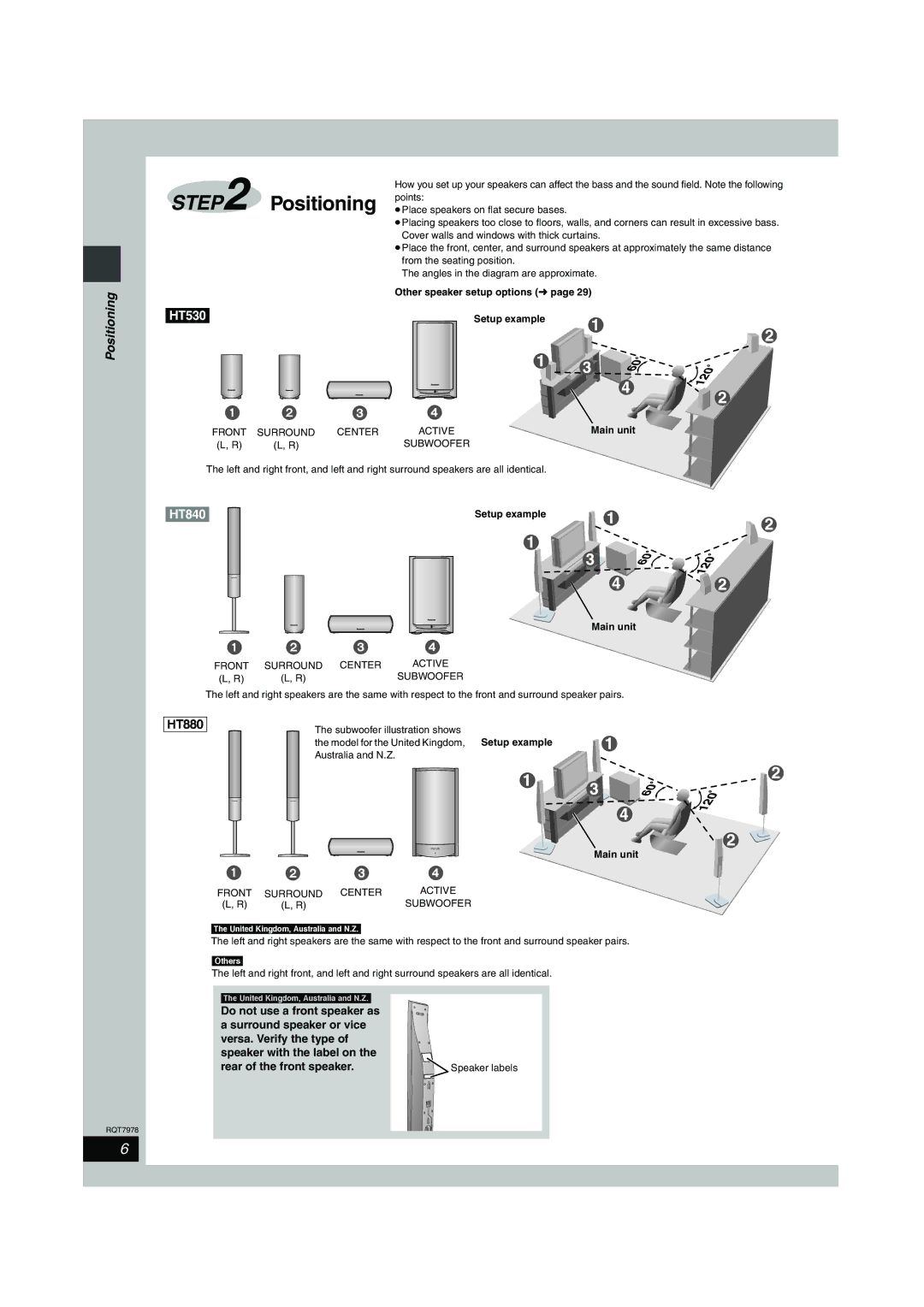 Panasonic SC-HT880, SC-HT840, SC-HT530 manual Positioning, Other speaker setup options, Setup example 