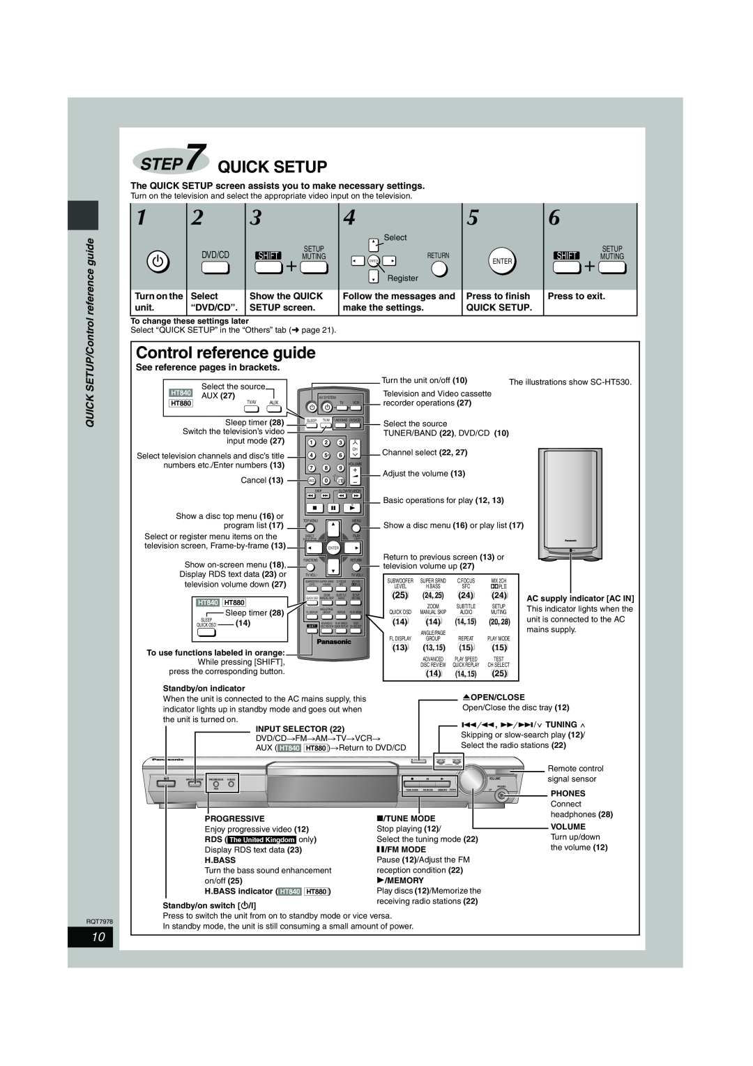 Panasonic SC-HT840 Quick Setup, Control reference guide, Dvd/Cd, QUICK SETUP/Control, Shift Muting, Turn on the, unit 