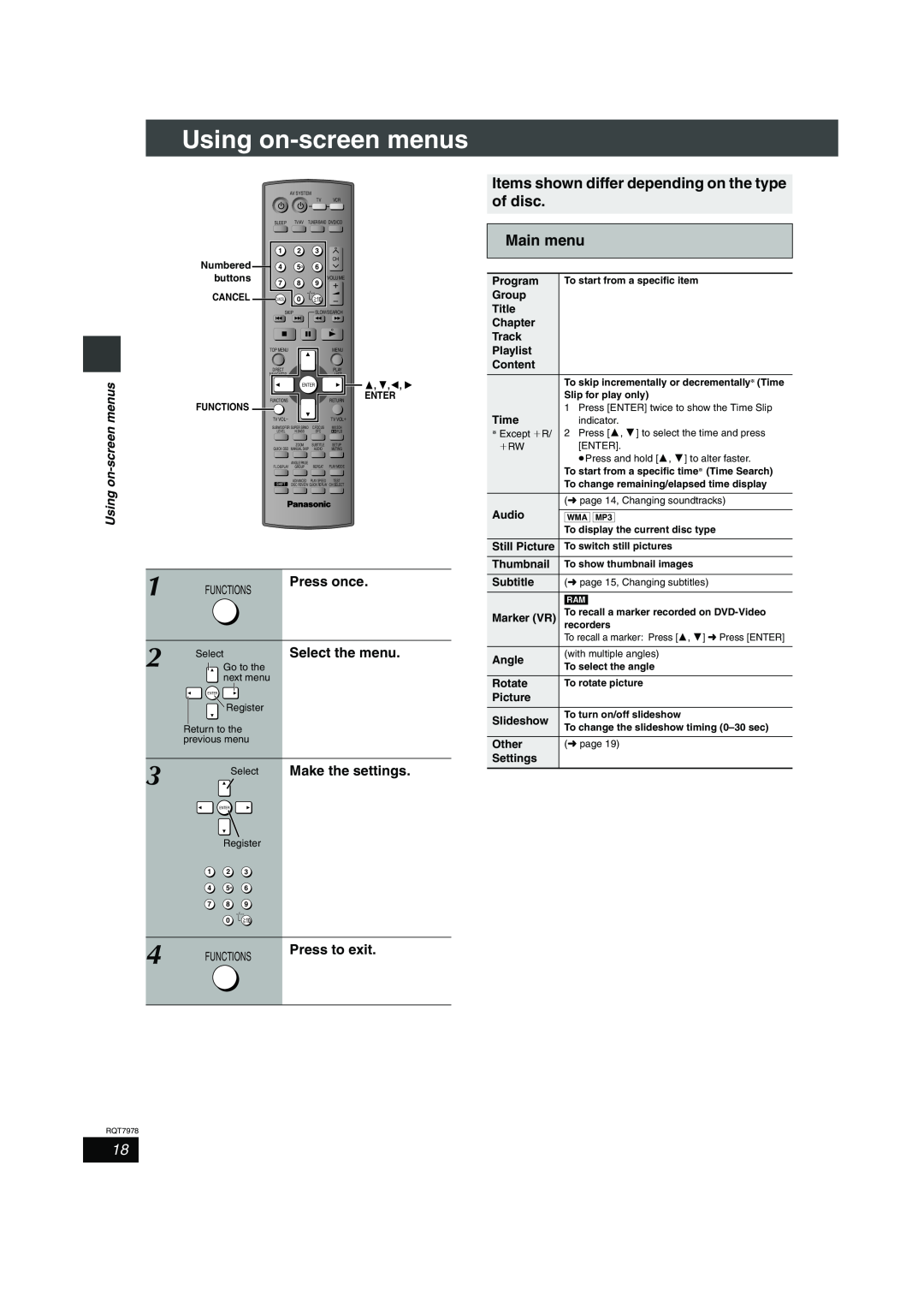 Panasonic SC-HT880 Using on-screenmenus, Items shown differ depending on the type of disc, Main menu, Press once, Program 