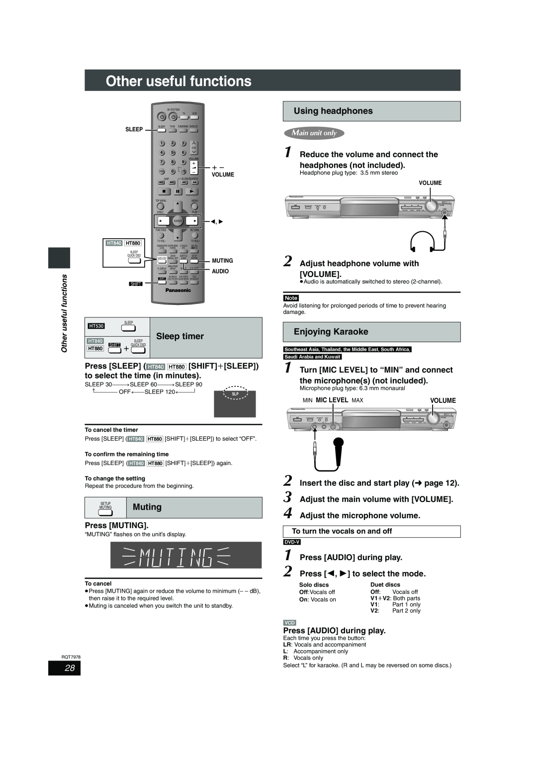 Panasonic SC-HT840 Other useful functions, Sleep timer, Muting, Using headphones, Enjoying Karaoke, Press MUTING, Dvd-V 