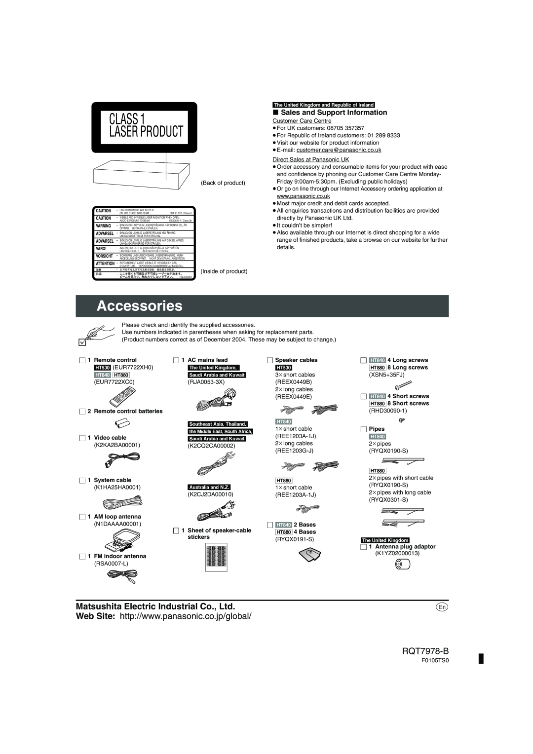 Panasonic SC-HT880 manual Accessories, Sales and Support Information, RQT7978-B, The\United\Kingdom\and\Republic\of\Ireland 