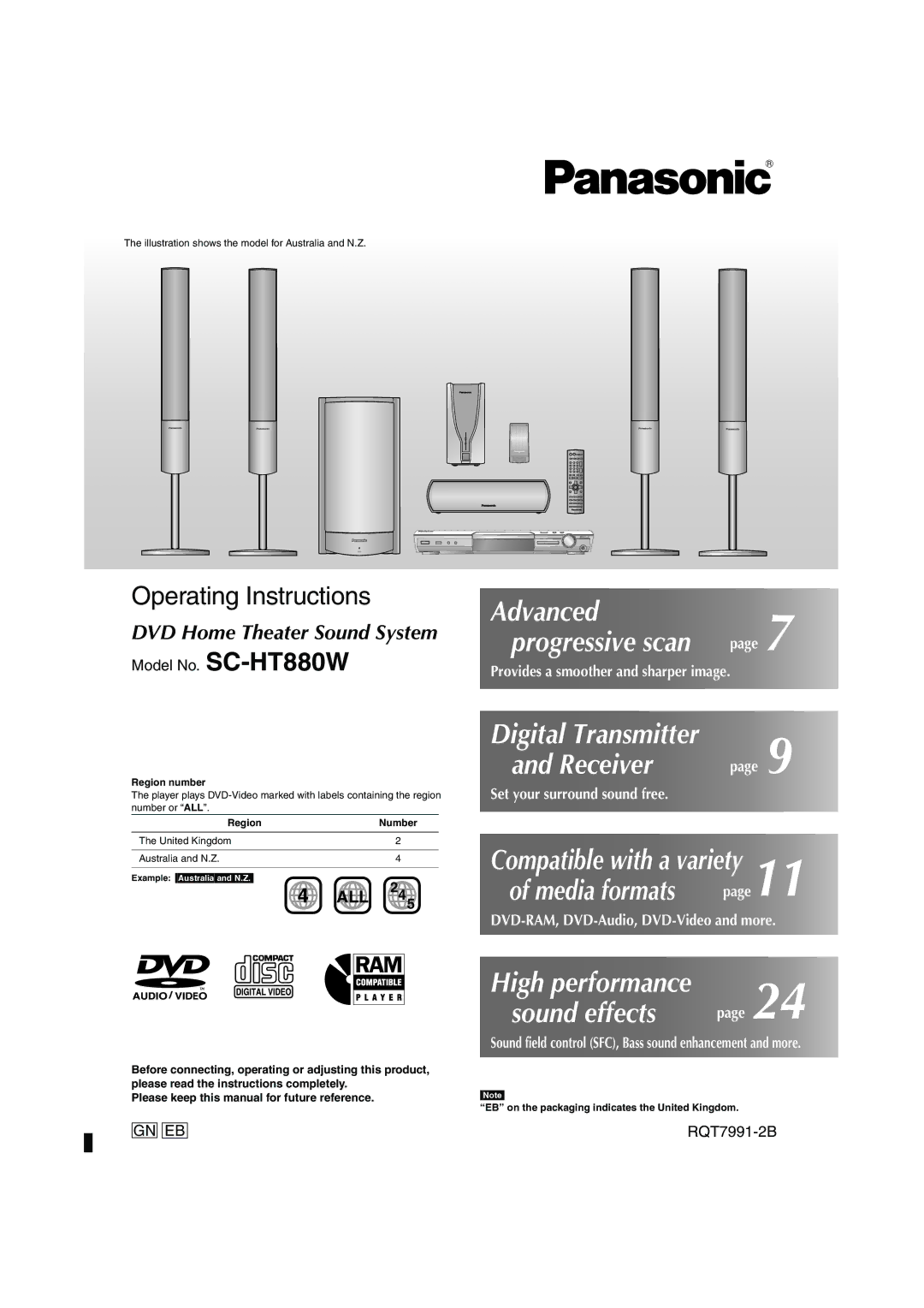 Panasonic SC-HT880W operating instructions Illustration shows the model for Australia and N.Z, Region number 