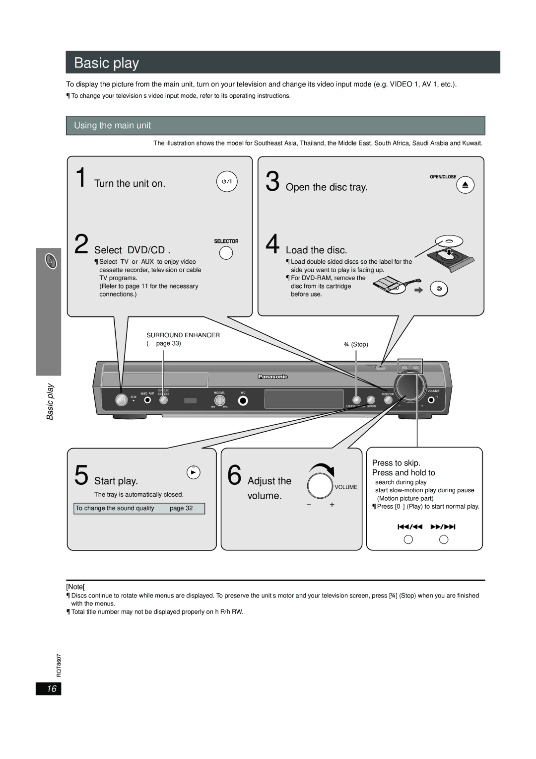 Panasonic SC-HT895 manual Basic play, Using the main unit, Adjust, Press to skip Press and hold to 