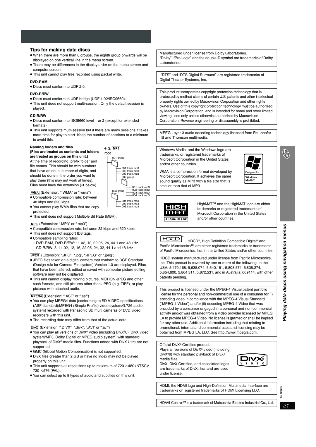 Panasonic SC-HT895 manual Playing data discs using navigation menus, Dvd-Ram, Dvd-R/Rw, Cd-R/Rw 