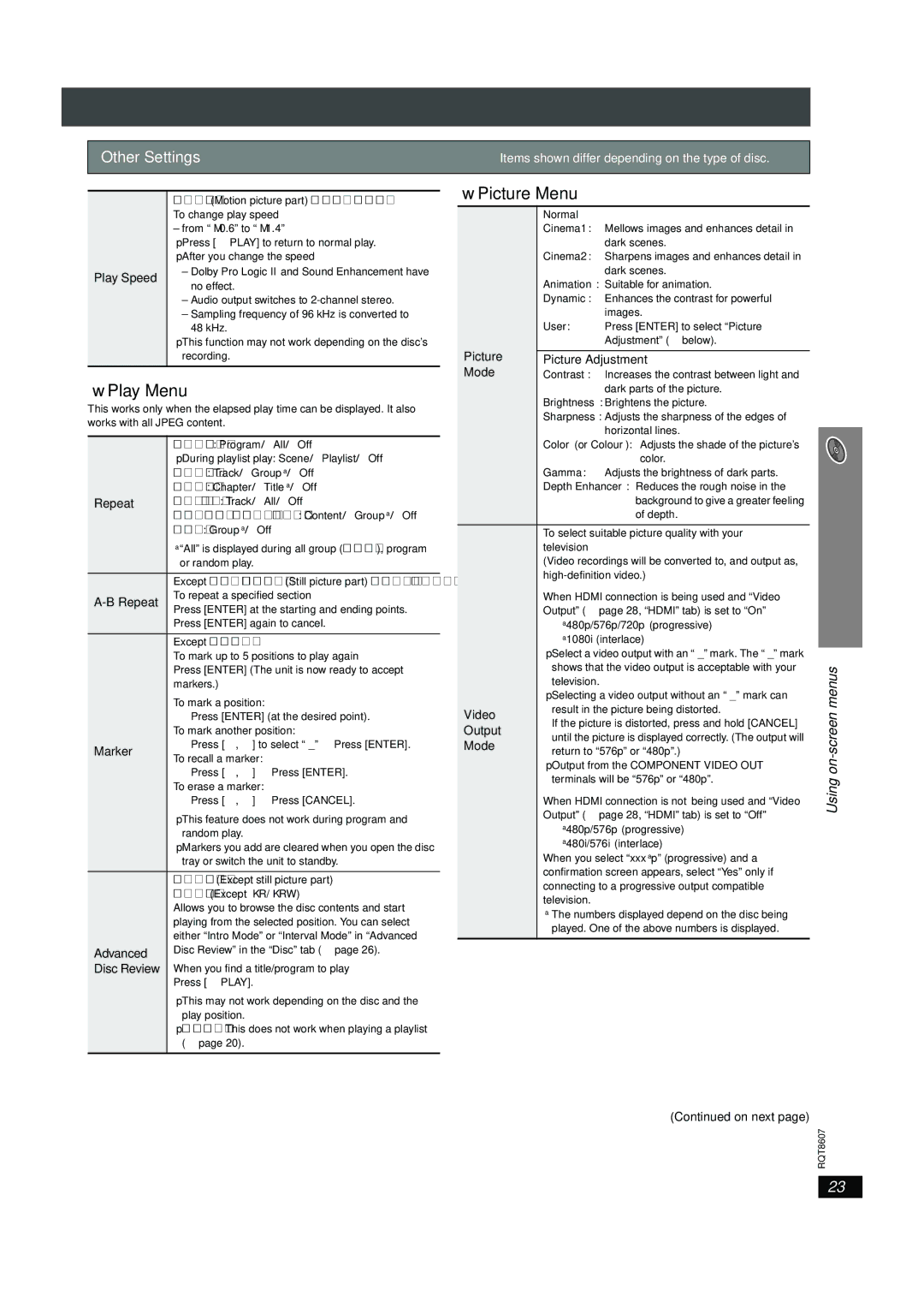 Panasonic SC-HT895 manual Picture Menu, Play Menu, Other Settings 