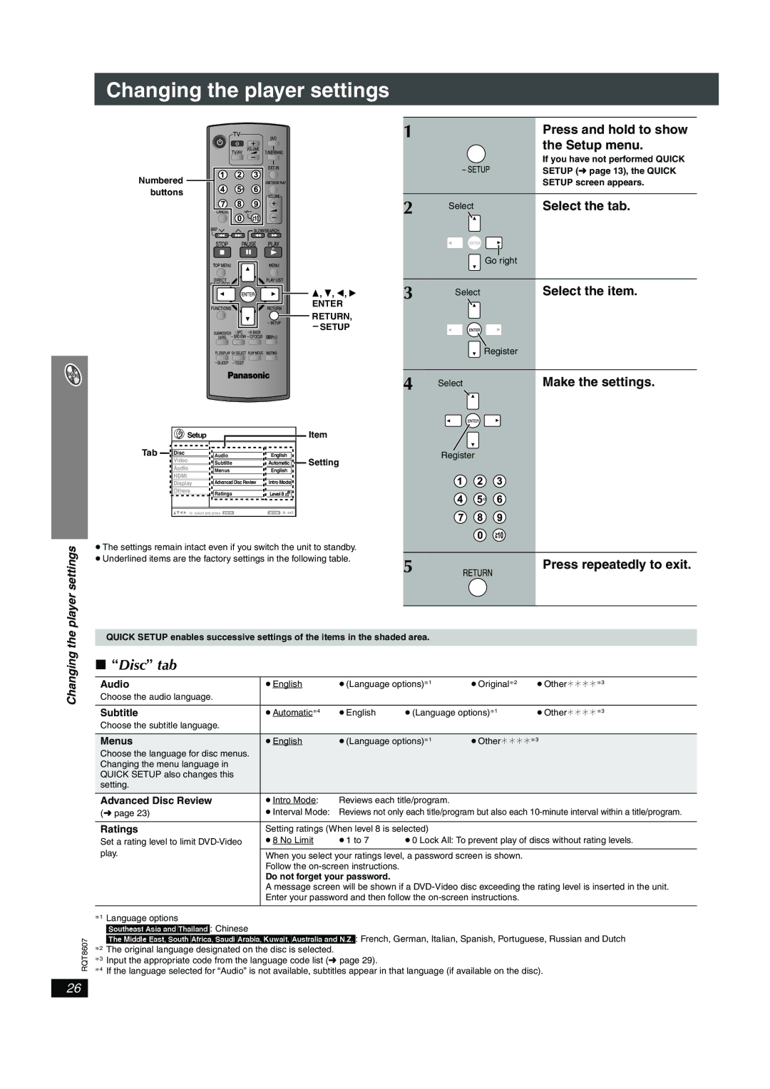 Panasonic SC-HT895 manual Changing the player settings, Disc tab, Select the tab, Setup menu, Select the item 