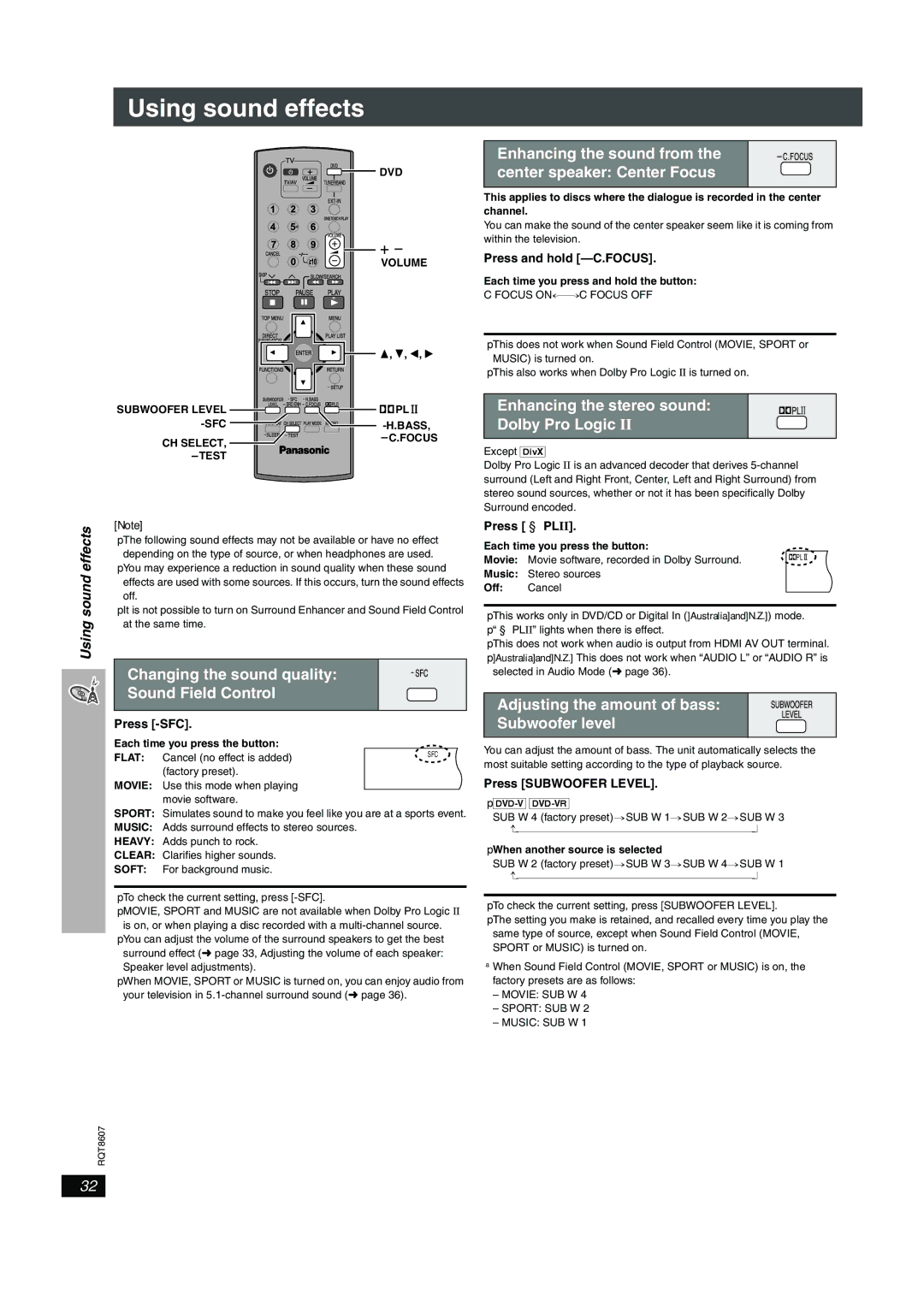 Panasonic SC-HT895 manual Enhancing the sound from, Center speaker Center Focus, Enhancing the stereo sound Dolby Pro Logic 