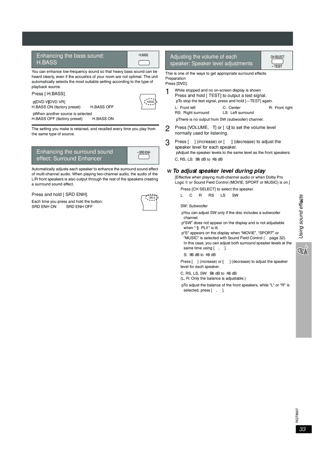 Panasonic SC-HT895 manual To adjust speaker level during play, Enhancing the surround sound effect Surround Enhancer 