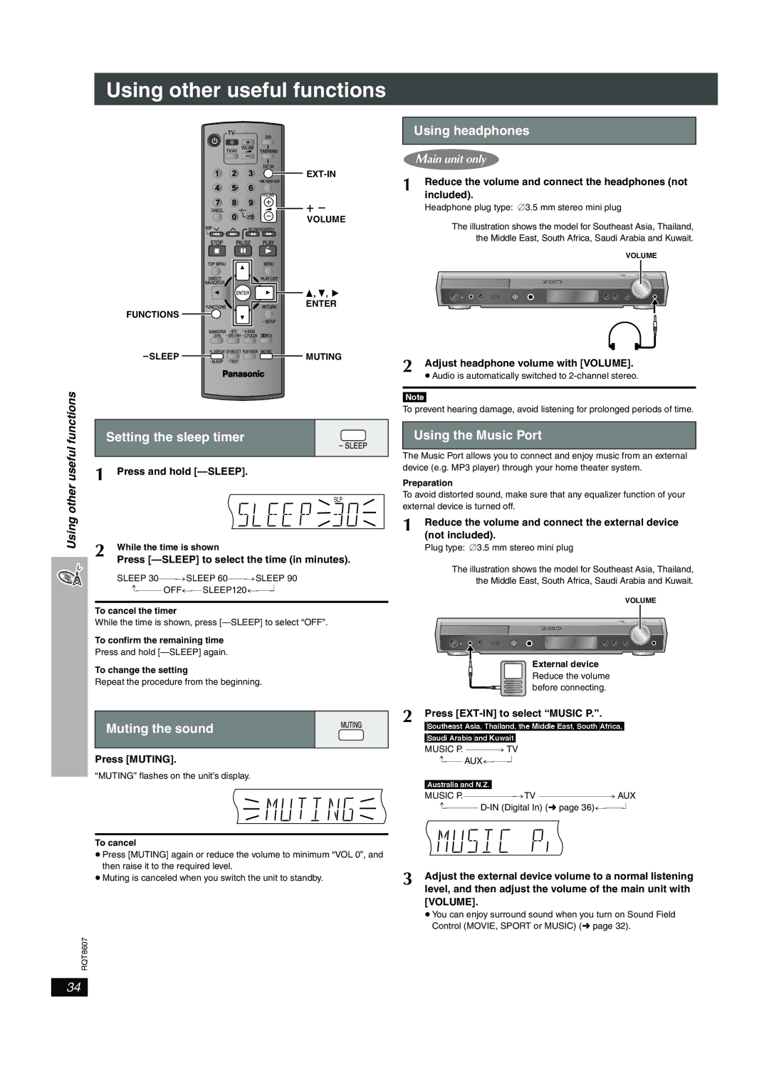 Panasonic SC-HT895 manual Using other useful functions, Using headphones, Setting the sleep timer, Muting the sound 