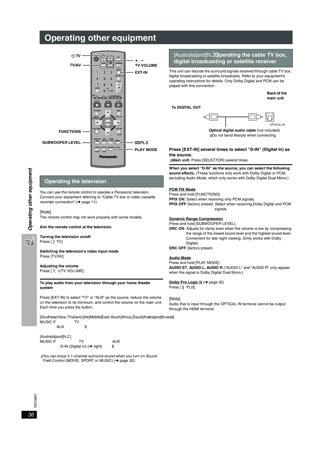 Panasonic SC-HT895 manual AustraliaandN.Z. Operating the cable TV box, Digital broadcasting or satellite receiver, Tv/Av 