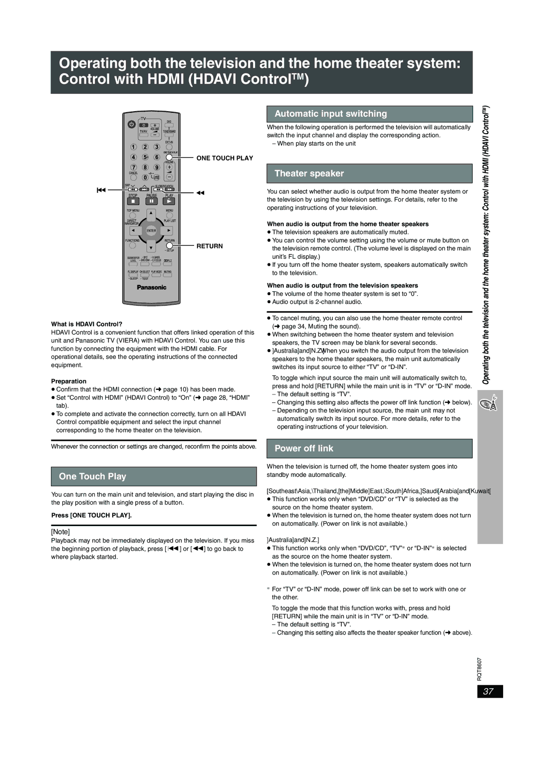 Panasonic SC-HT895 manual One Touch Play, Automatic input switching, Theater speaker, Power off link, ONE Touch Play Return 