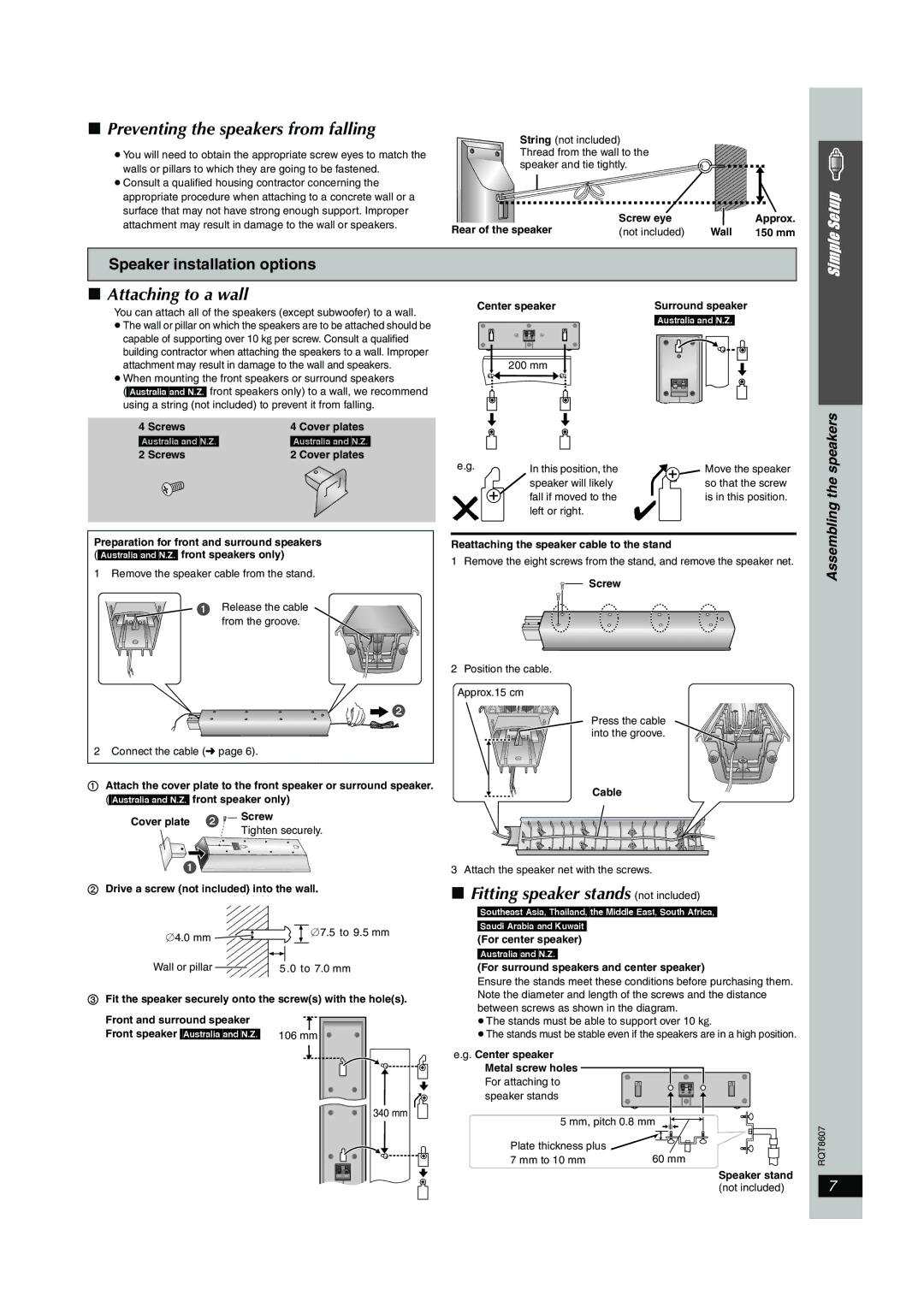 Panasonic SC-HT895 manual Attaching to a wall, Fitting speaker stands not included, Speaker installation options, Speakers 