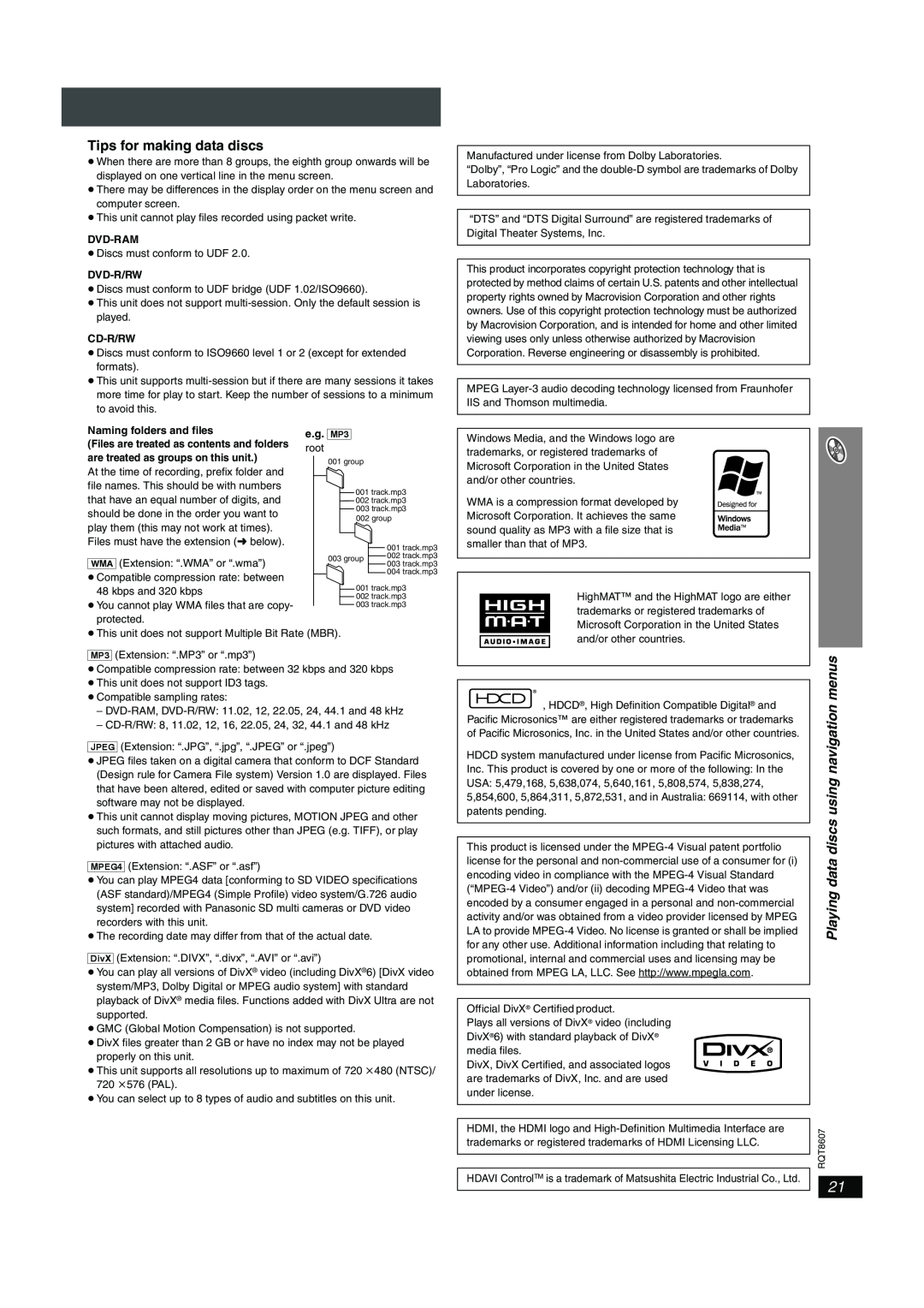 Panasonic SC-HT895 manual Playing data discs using navigation menus, Dvd-Ram, Dvd-R/Rw, Cd-R/Rw, Naming folders and files 
