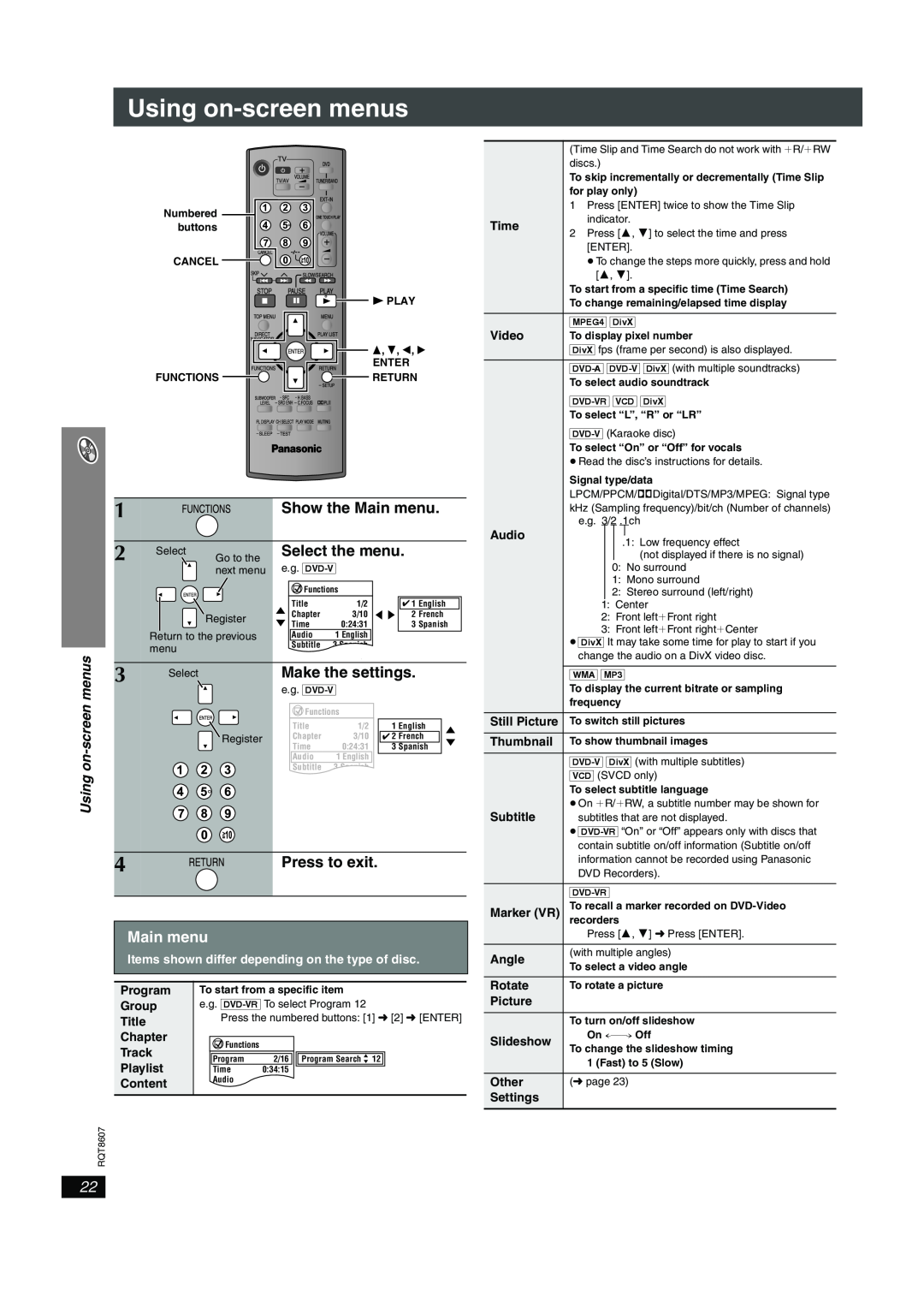 Panasonic SC-HT895 manual Using on-screenmenus, Page22Friday,April21,20064 17PM, Show the Main menu, Select the menu 
