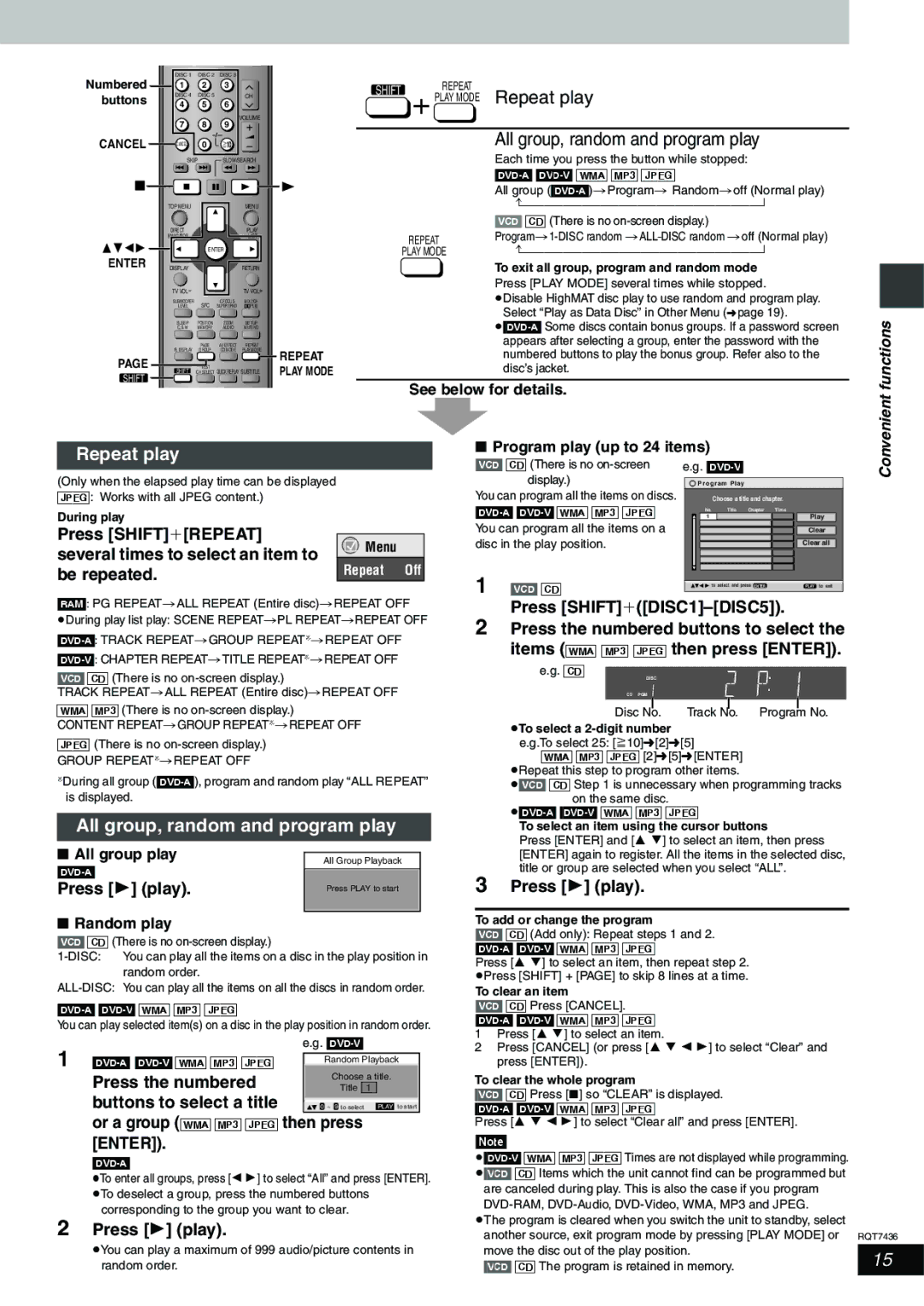 Panasonic SC-HT928 specifications Repeat play, All group, random and program play 