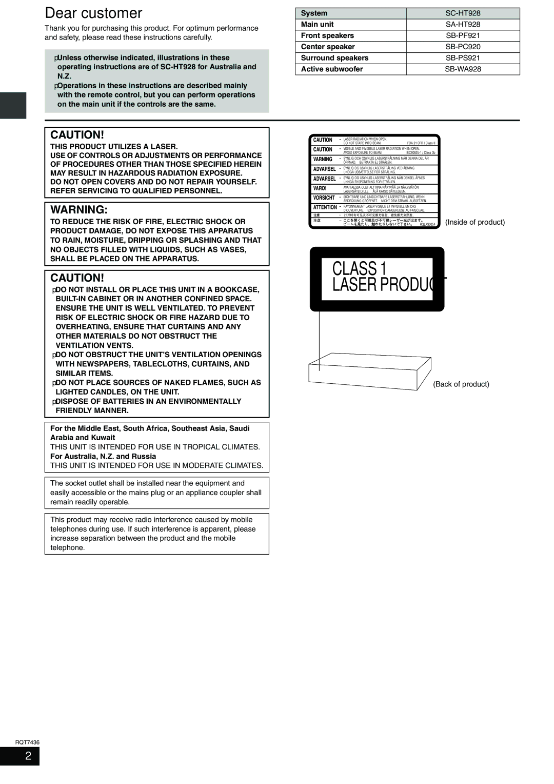 Panasonic SC-HT928 This Unit is Intended for USE in Tropical Climates, For Australia, N.Z. and Russia, Back of product 